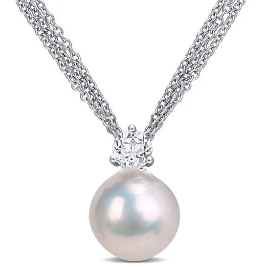 Necklaces JMS always Original AMOUR 1112mm Cultured Freshwater Pearl and 58 CT TGW White Topaz Pendant with Chain In Sterling Silver Necklaces JMS always Original AMOUR 1112mm Cultured Freshwater Pearl and 58 CT TGW White Topaz Pendant with Chain In Sterling Silver