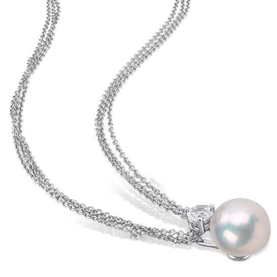 Necklaces JMS always Original AMOUR 1112mm Cultured Freshwater Pearl and 58 CT TGW White Topaz Pendant with Chain In Sterling Silver Necklaces JMS always Original AMOUR 1112mm Cultured Freshwater Pearl and 58 CT TGW White Topaz Pendant with Chain In Sterling Silver