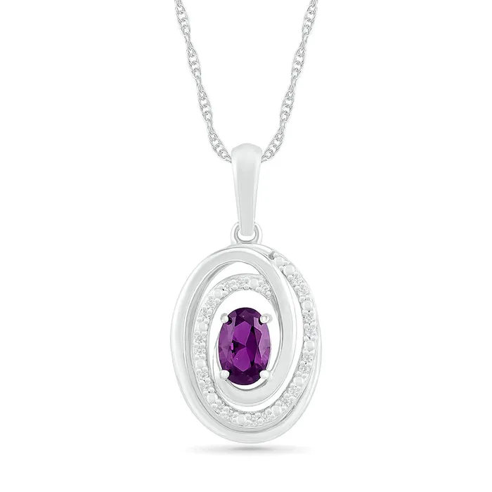 Oval Amethyst and 007 CT TW Natural Diamond Beaded Open Swirl Frame Drop Pendant in Sterling Silver Goldia Necklaces Oval Amethyst and 007 CT TW Natural Diamond Beaded Open Swirl Frame Drop Pendant in Sterling Silver Goldia Necklaces