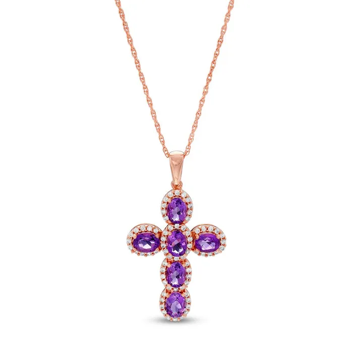 Oval Amethyst and 02 CT TW Natural Diamond Frame Cross Pendant in 10K Rose Gold Goldia Necklaces Oval Amethyst and 02 CT TW Natural Diamond Frame Cross Pendant in 10K Rose Gold Goldia Necklaces