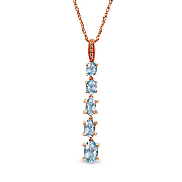 Oval Aquamarine and Natural Diamond Accent Graduated Linear Five Stone Drop Pendant in 10K Rose Gold Goldia Earrings