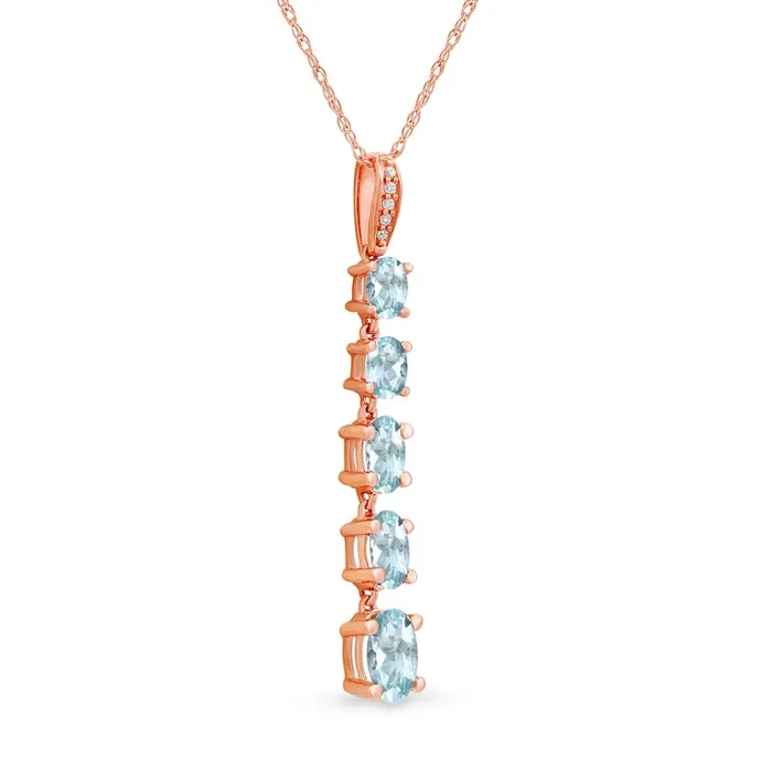 Oval Aquamarine and Natural Diamond Accent Graduated Linear Five Stone Drop Pendant in 10K Rose Gold Goldia Earrings Oval Aquamarine and Natural Diamond Accent Graduated Linear Five Stone Drop Pendant in 10K Rose Gold Goldia Earrings