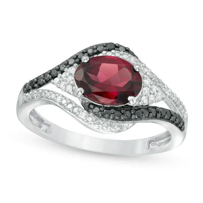 Oval Garnet and 010 CT TW White and Enhanced Black Natural Diamond Bypass Frame Ring in Sterling Silver Goldia Rings Oval Garnet and 010 CT TW White and Enhanced Black Natural Diamond Bypass Frame Ring in Sterling Silver Goldia Rings
