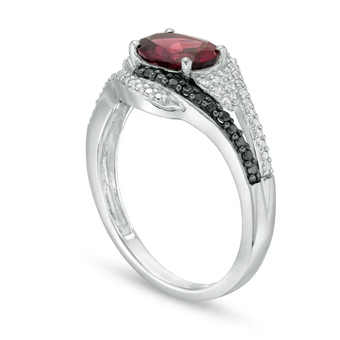 Oval Garnet and 010 CT TW White and Enhanced Black Natural Diamond Bypass Frame Ring in Sterling Silver Goldia Rings Oval Garnet and 010 CT TW White and Enhanced Black Natural Diamond Bypass Frame Ring in Sterling Silver Goldia Rings