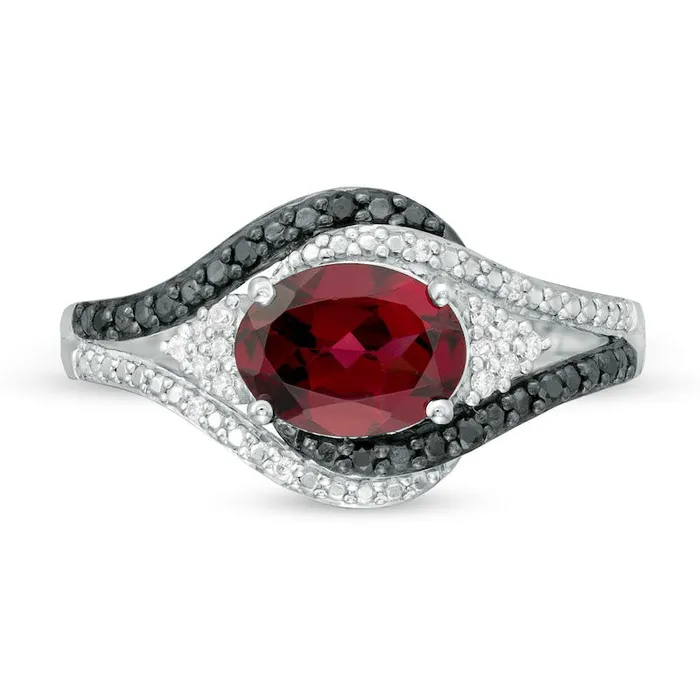 Oval Garnet and 010 CT TW White and Enhanced Black Natural Diamond Bypass Frame Ring in Sterling Silver Goldia Rings Oval Garnet and 010 CT TW White and Enhanced Black Natural Diamond Bypass Frame Ring in Sterling Silver Goldia Rings