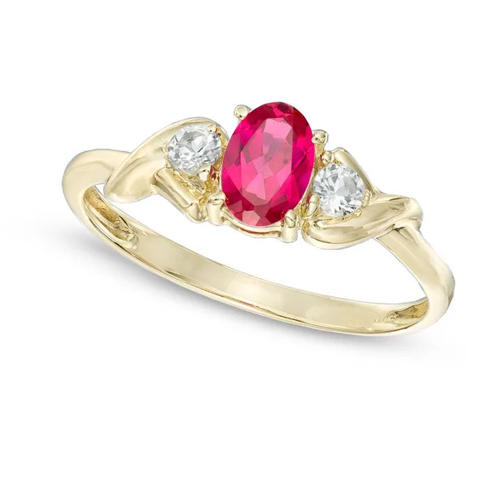 Oval LabCreated Ruby and White Topaz Ring in Solid 10K Yellow Gold Goldia Rings Oval LabCreated Ruby and White Topaz Ring in Solid 10K Yellow Gold Goldia Rings