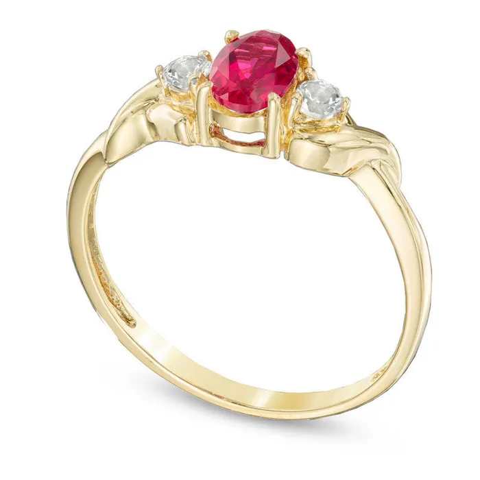 Oval LabCreated Ruby and White Topaz Ring in Solid 10K Yellow Gold Goldia Rings Oval LabCreated Ruby and White Topaz Ring in Solid 10K Yellow Gold Goldia Rings