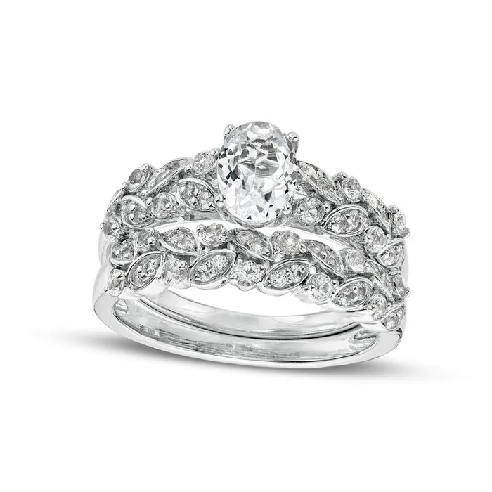 Oval White LabCreated Sapphire Double Row Leaf Shank Bridal Engagement Ring Set in Sterling Silver Goldia Rings Oval White LabCreated Sapphire Double Row Leaf Shank Bridal Engagement Ring Set in Sterling Silver Goldia Rings