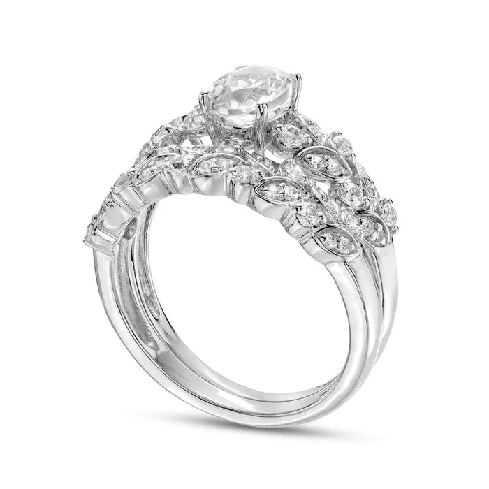 Oval White LabCreated Sapphire Double Row Leaf Shank Bridal Engagement Ring Set in Sterling Silver Goldia Rings Oval White LabCreated Sapphire Double Row Leaf Shank Bridal Engagement Ring Set in Sterling Silver Goldia Rings
