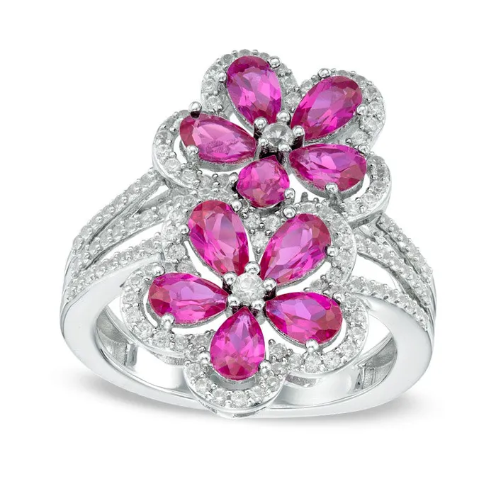 PearShaped LabCreated Ruby and White Sapphire Double Flower Ring in Sterling Silver Goldia Rings PearShaped LabCreated Ruby and White Sapphire Double Flower Ring in Sterling Silver Goldia Rings