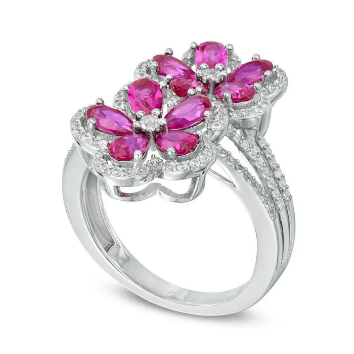 PearShaped LabCreated Ruby and White Sapphire Double Flower Ring in Sterling Silver Goldia Rings PearShaped LabCreated Ruby and White Sapphire Double Flower Ring in Sterling Silver Goldia Rings