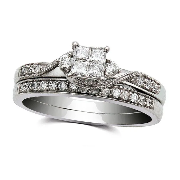 Previously Owned 033 CT TW PrincessCut Quad Natural Diamond Bridal Engagement Ring Set in Solid 10K White Gold Goldia Rings Previously Owned 033 CT TW PrincessCut Quad Natural Diamond Bridal Engagement Ring Set in Solid 10K White Gold Goldia Rings