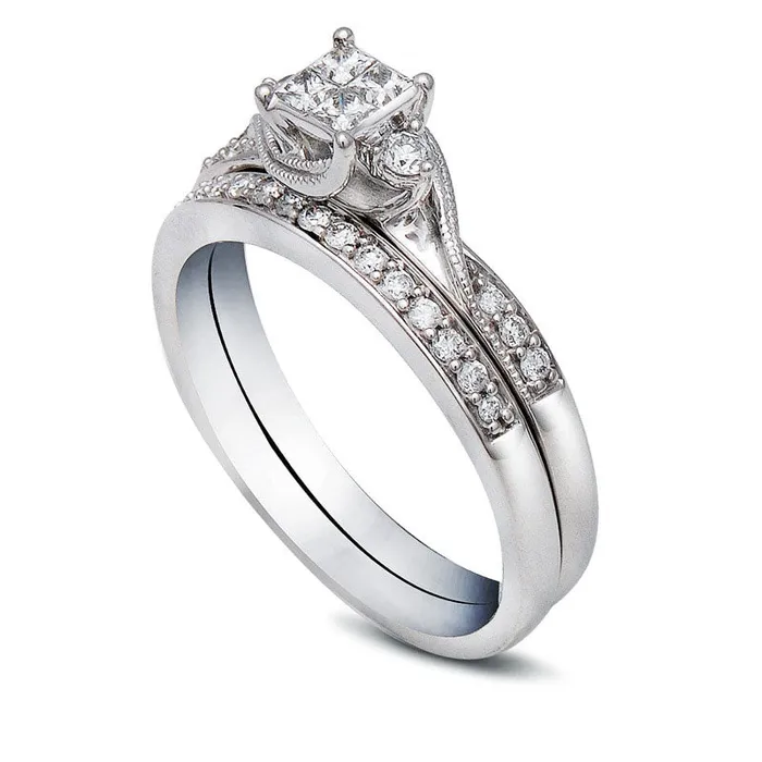 Previously Owned 033 CT TW PrincessCut Quad Natural Diamond Bridal Engagement Ring Set in Solid 10K White Gold Goldia Rings Previously Owned 033 CT TW PrincessCut Quad Natural Diamond Bridal Engagement Ring Set in Solid 10K White Gold Goldia Rings