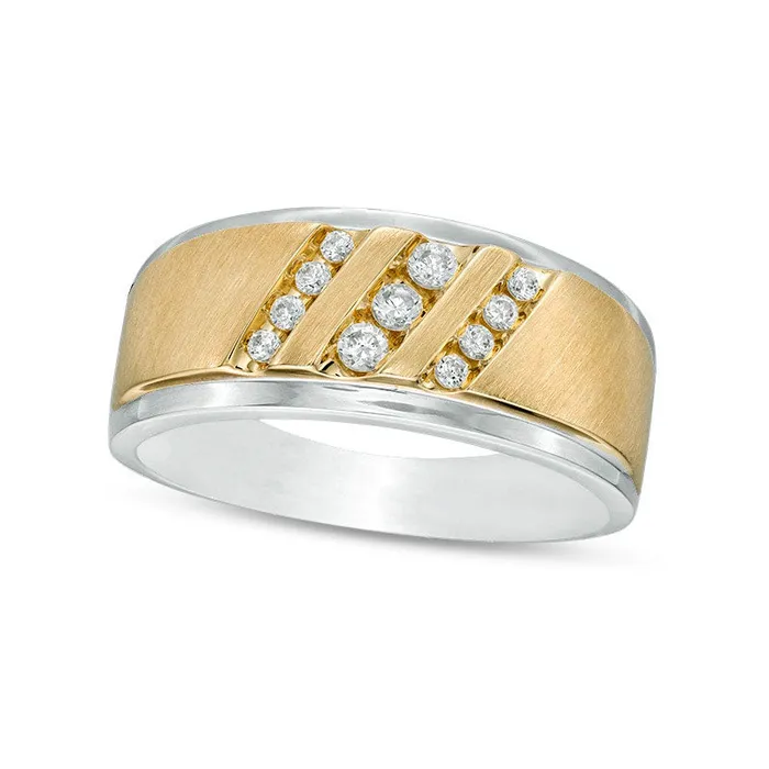 Previously Owned Mens 025 CT TW Natural Diamond Triple Slant Band in Solid 10K TwoTone Gold Goldia Rings Previously Owned Mens 025 CT TW Natural Diamond Triple Slant Band in Solid 10K TwoTone Gold Goldia Rings