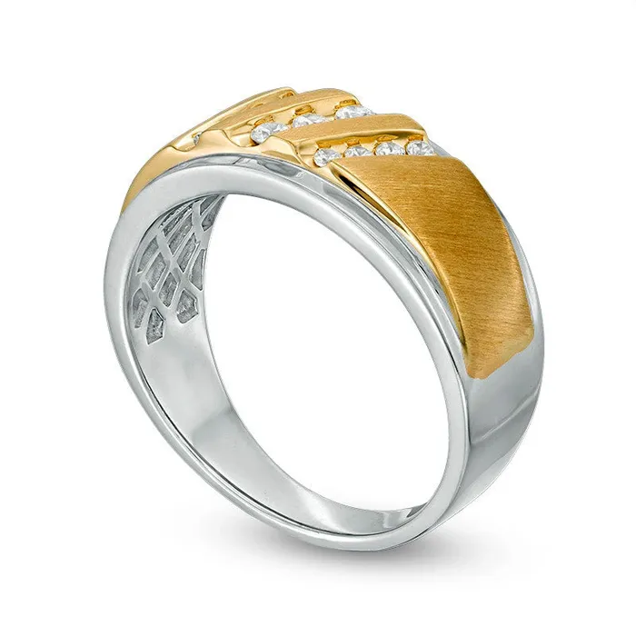 Previously Owned Mens 025 CT TW Natural Diamond Triple Slant Band in Solid 10K TwoTone Gold Goldia Rings Previously Owned Mens 025 CT TW Natural Diamond Triple Slant Band in Solid 10K TwoTone Gold Goldia Rings