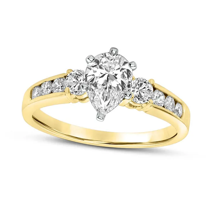 Rings 10 CT TW PearShaped Natural Diamond Three Stone Engagement Ring in Solid 14K Gold JSI2 Goldia Rings 10 CT TW PearShaped Natural Diamond Three Stone Engagement Ring in Solid 14K Gold JSI2 Goldia