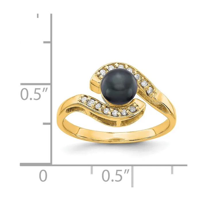 Rings 14K Yellow Gold 55mm Black FW Cultured Pearl A Real Diamond ring Goldia