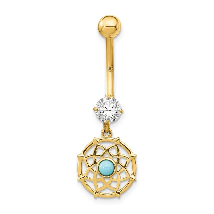 Rings 14k Yellow Gold CZ u0026 Synthetic Turquoise Mandala Dangle Belly Ring Goldia