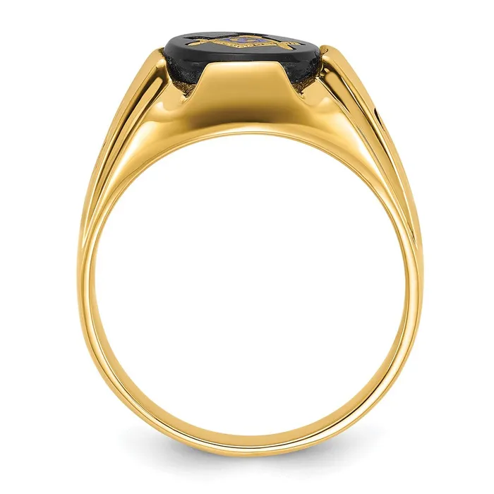 Rings 14k Yellow Gold Mens Polished Antiqued and Grooved with Oval Onyx Masonic Ring Goldia