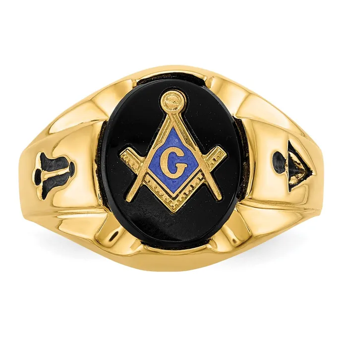 Rings 14k Yellow Gold Mens Polished Antiqued and Grooved with Oval Onyx Masonic Ring Goldia