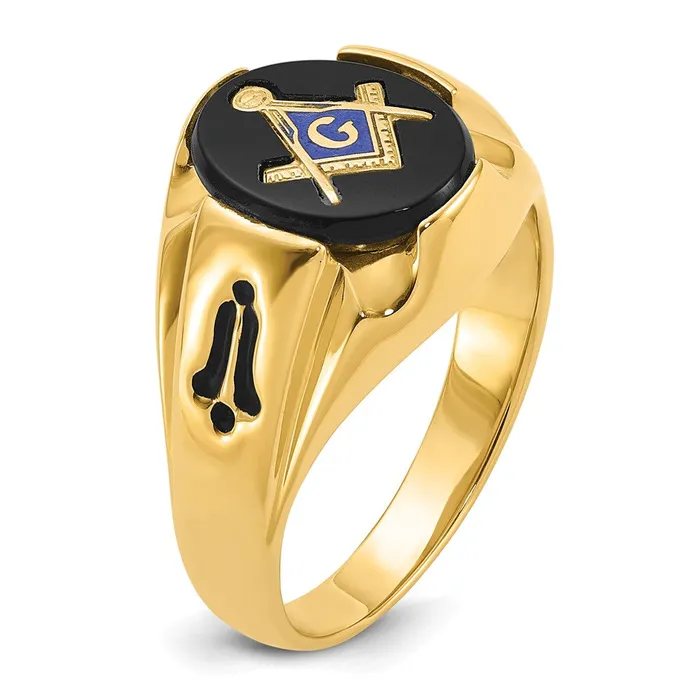 Rings 14k Yellow Gold Mens Polished Antiqued and Grooved with Oval Onyx Masonic Ring Goldia