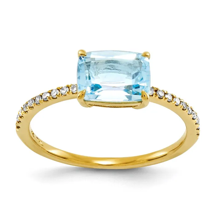 Rings 14K Yellow Gold Real Diamond and Blue Topaz Square Ring Goldia