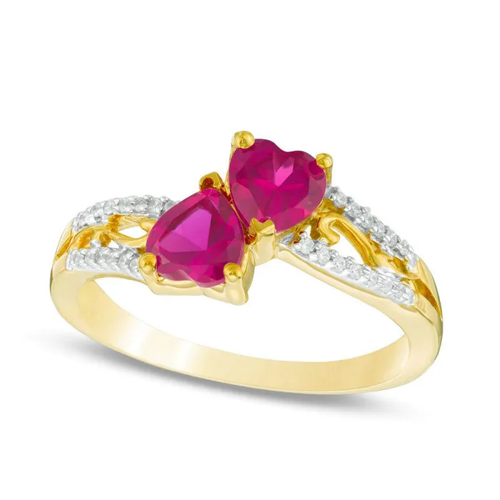 Rings 50mm HeartShaped LabCreated Ruby and Diamond Accent Mirrored Split Shank Scroll Ring in Solid 10K Yellow Gold Goldia Rings 50mm HeartShaped LabCreated Ruby and Diamond Accent Mirrored Split Shank Scroll Ring in Solid 10K Yellow Gold Goldia