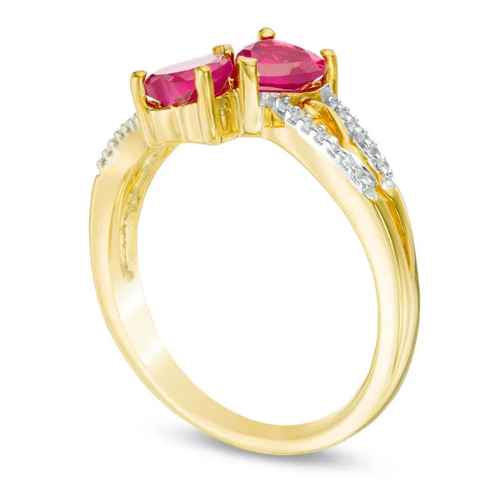 Rings 50mm HeartShaped LabCreated Ruby and Diamond Accent Mirrored Split Shank Scroll Ring in Solid 10K Yellow Gold Goldia Rings 50mm HeartShaped LabCreated Ruby and Diamond Accent Mirrored Split Shank Scroll Ring in Solid 10K Yellow Gold Goldia