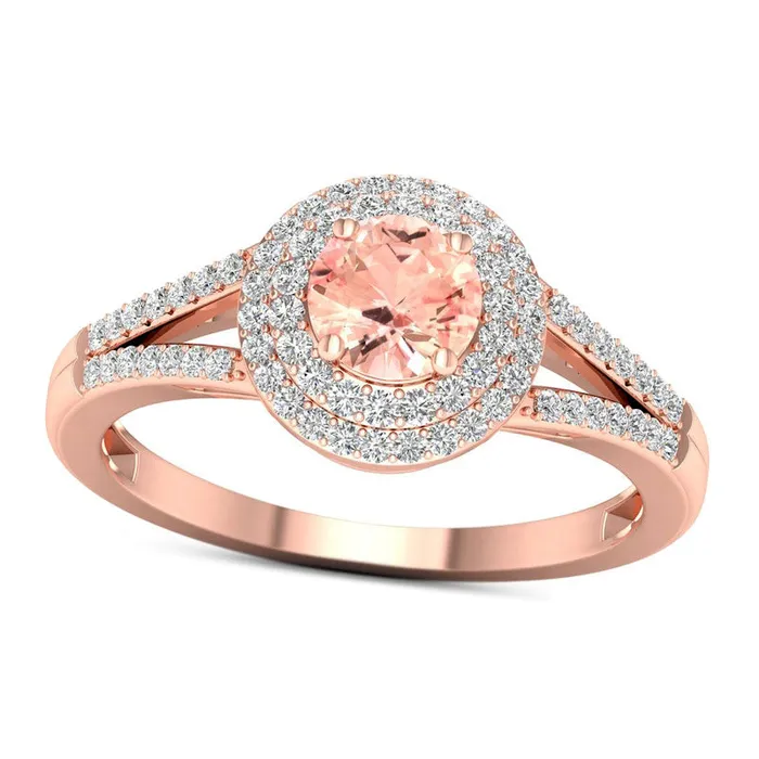 Rings 50mm Morganite and 020 CT TW Natural Diamond Double Frame Split Shank Ring in Solid 10K Rose Gold Goldia Rings 50mm Morganite and 020 CT TW Natural Diamond Double Frame Split Shank Ring in Solid 10K Rose Gold Goldia