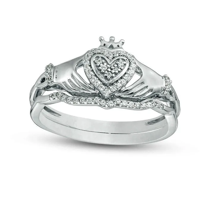 Rings Goldia 017 CT TW Composite Natural Diamond Heart Frame Twist Claddagh Bridal Engagement Ring Set in Solid 10K White Gold Rings Goldia 017 CT TW Composite Natural Diamond Heart Frame Twist Claddagh Bridal Engagement Ring Set in Solid 10K White Gold
