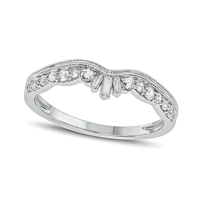 Rings Goldia 025 CT TW Baguette and Round Natural Diamond Antique VintageStyle Contour Wedding Band in Solid 10K White Gold Rings Goldia 025 CT TW Baguette and Round Natural Diamond Antique VintageStyle Contour Wedding Band in Solid 10K White Gold