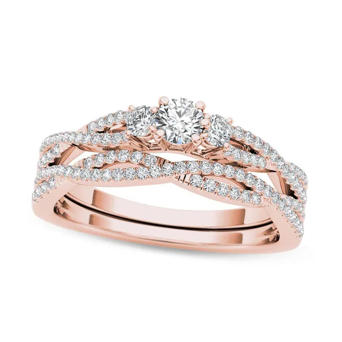 Rings Goldia 050 CT TW Natural Diamond Three Stone Twist Bridal Engagement Ring Set in Solid 14K Rose Gold Rings Goldia 050 CT TW Natural Diamond Three Stone Twist Bridal Engagement Ring Set in Solid 14K Rose Gold