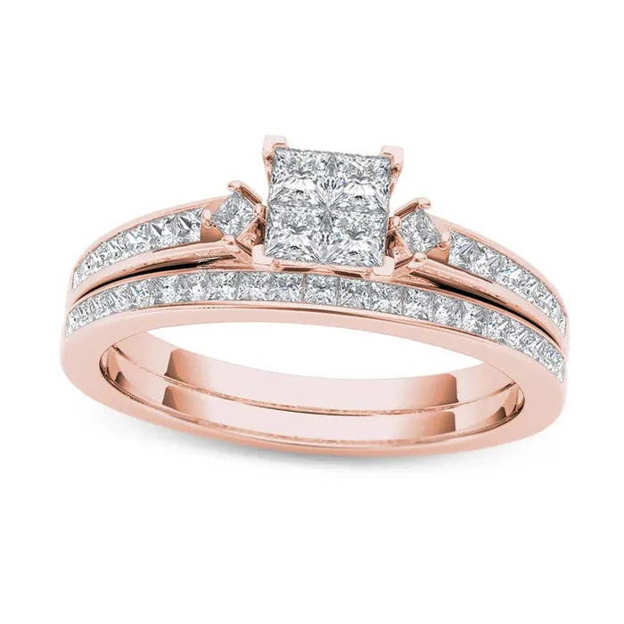 Rings Goldia 075 CT TW Quad PrincessCut Natural Diamond Bridal Engagement Ring Set in Solid 14K Rose Gold