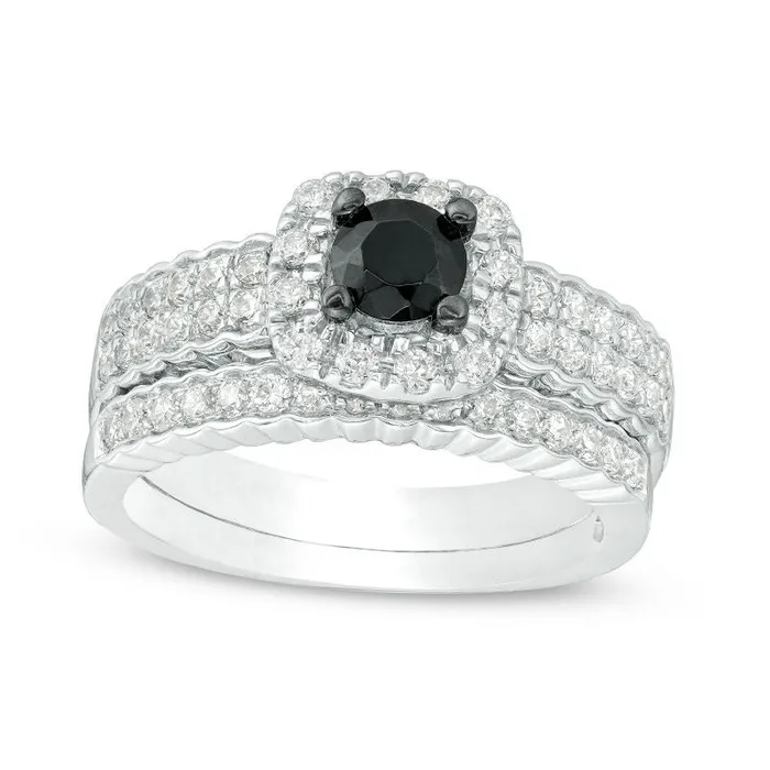 Rings Goldia 10 CT TW Enhanced Black and White Natural Diamond Cushion Frame Bridal Engagement Ring Set in Solid 10K White Gold Rings Goldia 10 CT TW Enhanced Black and White Natural Diamond Cushion Frame Bridal Engagement Ring Set in Solid 10K White Gold