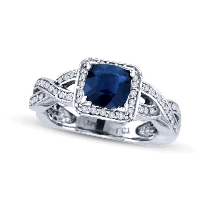 Rings Goldia 60mm CushionCut Blue Sapphire and 038 CT TW Natural Diamond Frame Engagement Ring in Solid 14K White Gold Rings Goldia 60mm CushionCut Blue Sapphire and 038 CT TW Natural Diamond Frame Engagement Ring in Solid 14K White Gold