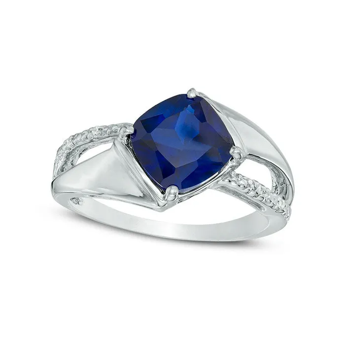 Rings Goldia 80mm CushionCut LabCreated Blue Sapphire and Diamond Accent Tilted Split Shank Ring in Solid 10K White Gold Rings Goldia 80mm CushionCut LabCreated Blue Sapphire and Diamond Accent Tilted Split Shank Ring in Solid 10K White Gold