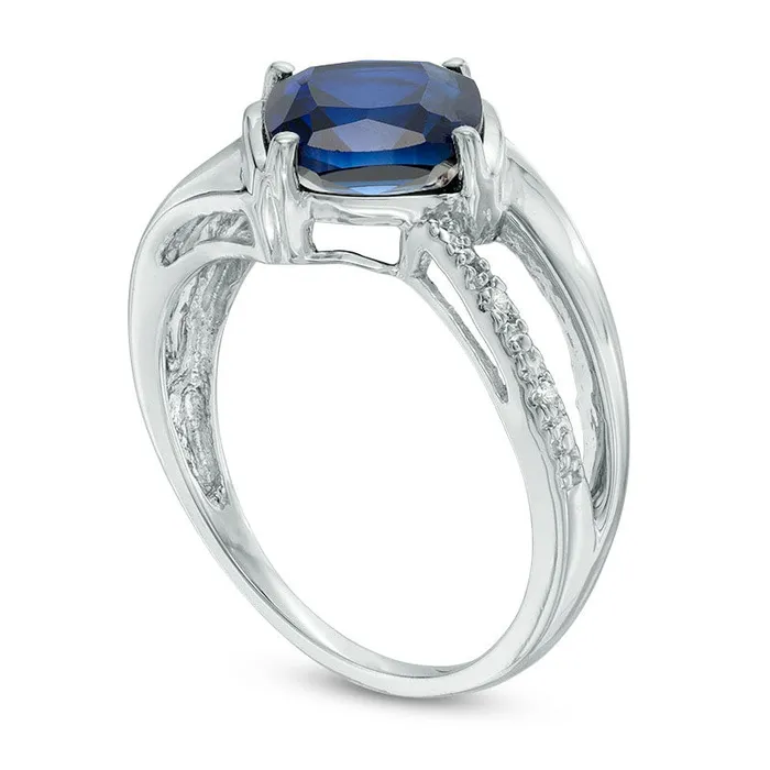 Rings Goldia 80mm CushionCut LabCreated Blue Sapphire and Diamond Accent Tilted Split Shank Ring in Solid 10K White Gold Rings Goldia 80mm CushionCut LabCreated Blue Sapphire and Diamond Accent Tilted Split Shank Ring in Solid 10K White Gold