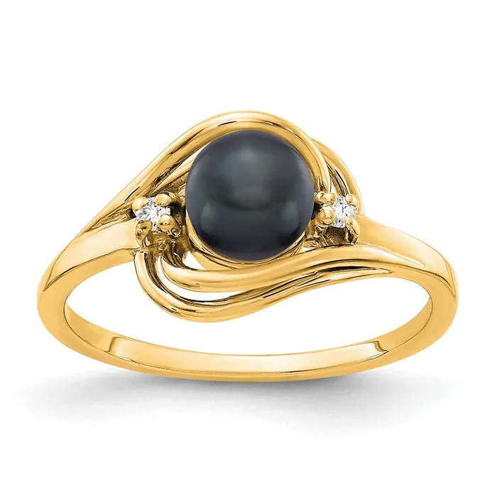 Rings Goldiacom 14K Yellow Gold 55mm Black FW Cultured Pearl AA Real Diamond ring Rings Goldiacom 14K Yellow Gold 55mm Black FW Cultured Pearl AA Real Diamond ring