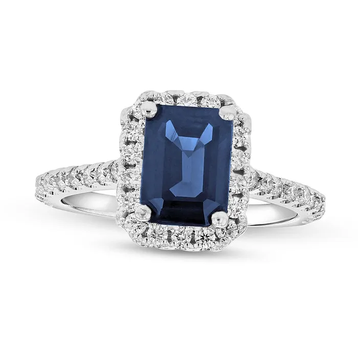 Rings Goldia EmeraldCut Blue Sapphire and 038 CT TW Natural Diamond Frame Ring in Solid 14K White Gold