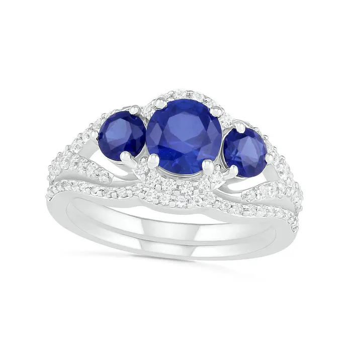 Rings Goldia LabCreated Blue and White Sapphire Frame Three Stone Split Shank Bridal Engagement Ring Set in Sterling Silver Rings Goldia LabCreated Blue and White Sapphire Frame Three Stone Split Shank Bridal Engagement Ring Set in Sterling Silver