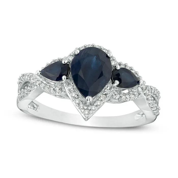 Rings Goldia PearShaped Blue Sapphire and 017 CT TW Natural Diamond Frame Three Stone Twist Shank Ring in Solid 10K White Gold Rings Goldia PearShaped Blue Sapphire and 017 CT TW Natural Diamond Frame Three Stone Twist Shank Ring in Solid 10K White Gold