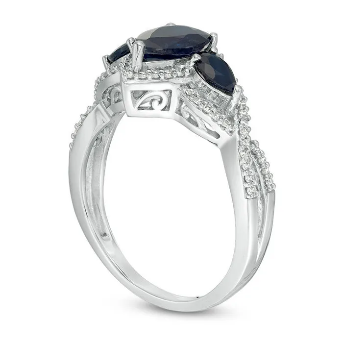 Rings Goldia PearShaped Blue Sapphire and 017 CT TW Natural Diamond Frame Three Stone Twist Shank Ring in Solid 10K White Gold Rings Goldia PearShaped Blue Sapphire and 017 CT TW Natural Diamond Frame Three Stone Twist Shank Ring in Solid 10K White Gold