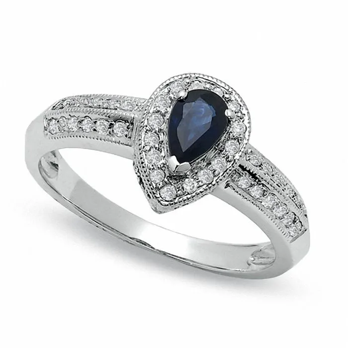 Rings Goldia PearShaped Blue Sapphire Antique VintageStyle Engagement Ring in Solid 10K White Gold with Natural Diamond Accents