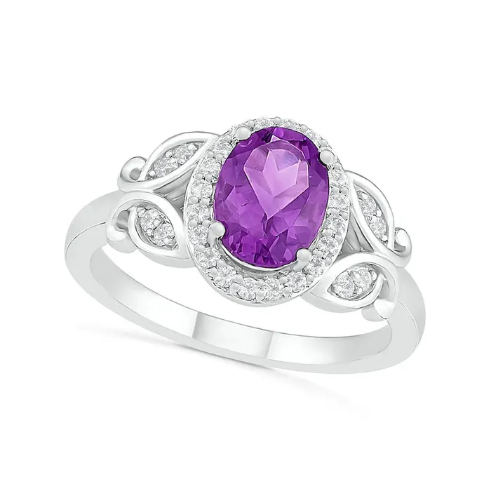 Rings Oval Amethyst and White LabCreated Sapphire Frame LeafSides Ring in Sterling Silver Goldia Rings Oval Amethyst and White LabCreated Sapphire Frame LeafSides Ring in Sterling Silver Goldia