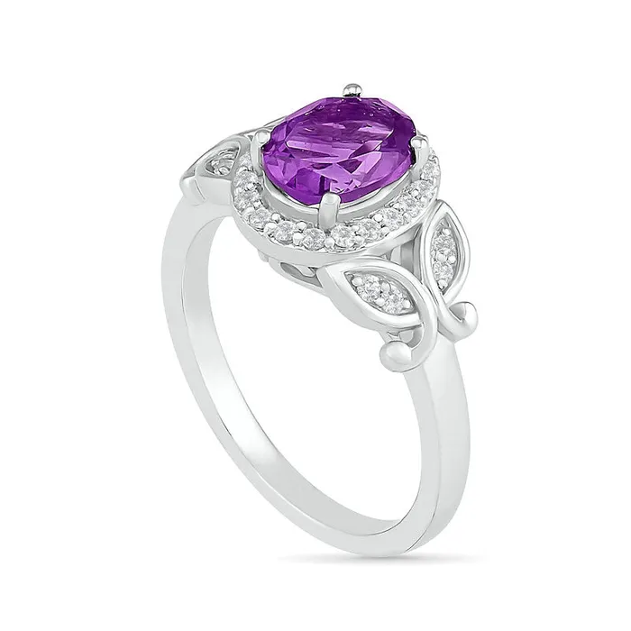 Rings Oval Amethyst and White LabCreated Sapphire Frame LeafSides Ring in Sterling Silver Goldia Rings Oval Amethyst and White LabCreated Sapphire Frame LeafSides Ring in Sterling Silver Goldia