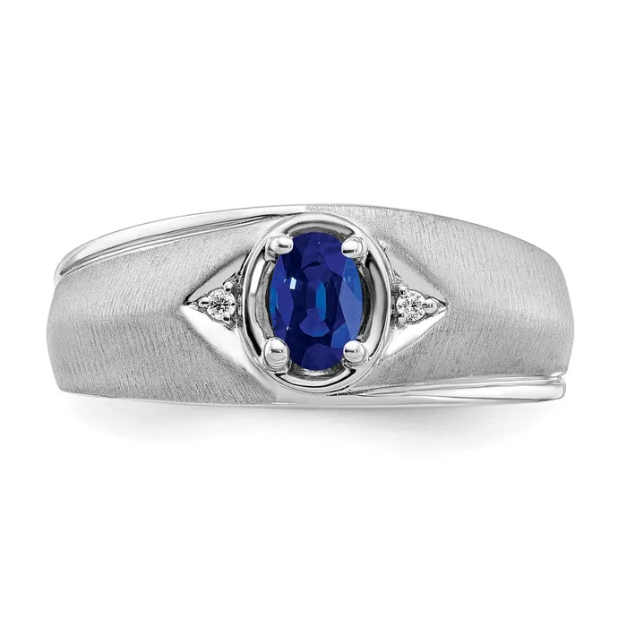 Rings Solid 14k White Gold Oval Simulated Sapphire and CZ Mens Ring Goldia