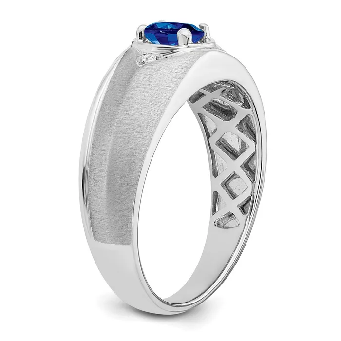 Rings Solid 14k White Gold Oval Simulated Sapphire and CZ Mens Ring Goldia
