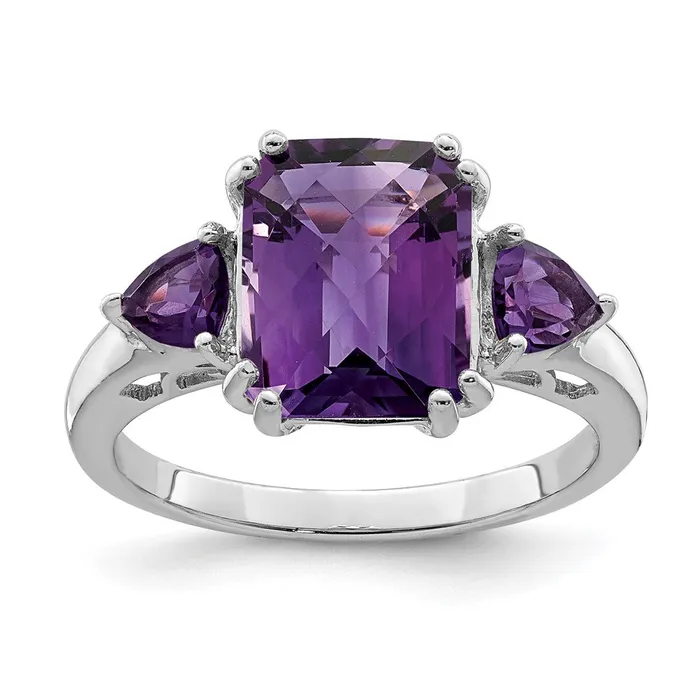 Rings Sterling Silver Rhodiumplated CheckerCut Amethyst Ring Goldia