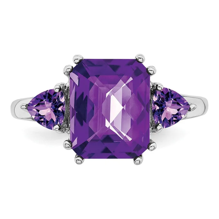 Rings Sterling Silver Rhodiumplated CheckerCut Amethyst Ring Goldia