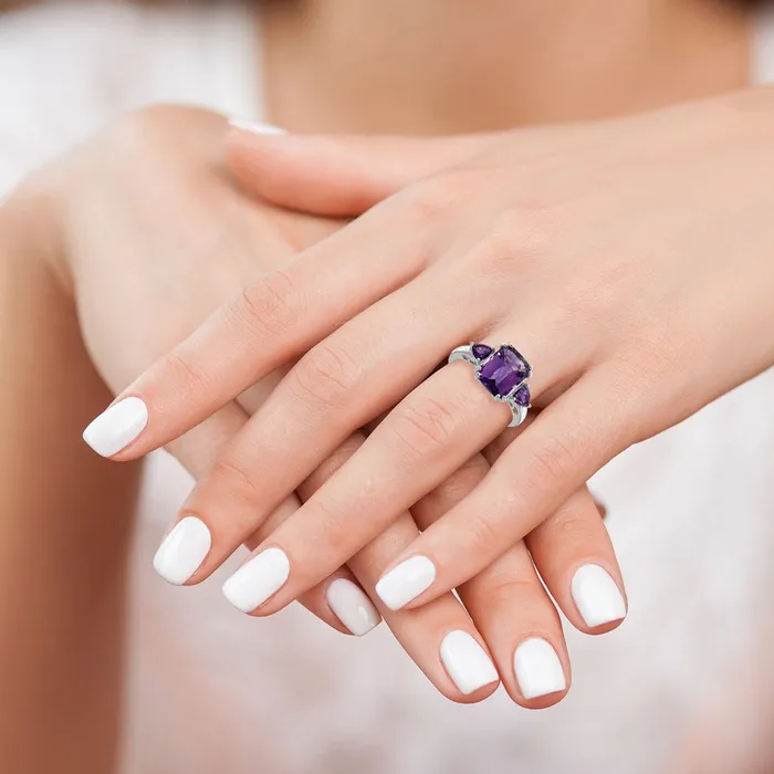 Rings Sterling Silver Rhodiumplated CheckerCut Amethyst Ring Goldia
